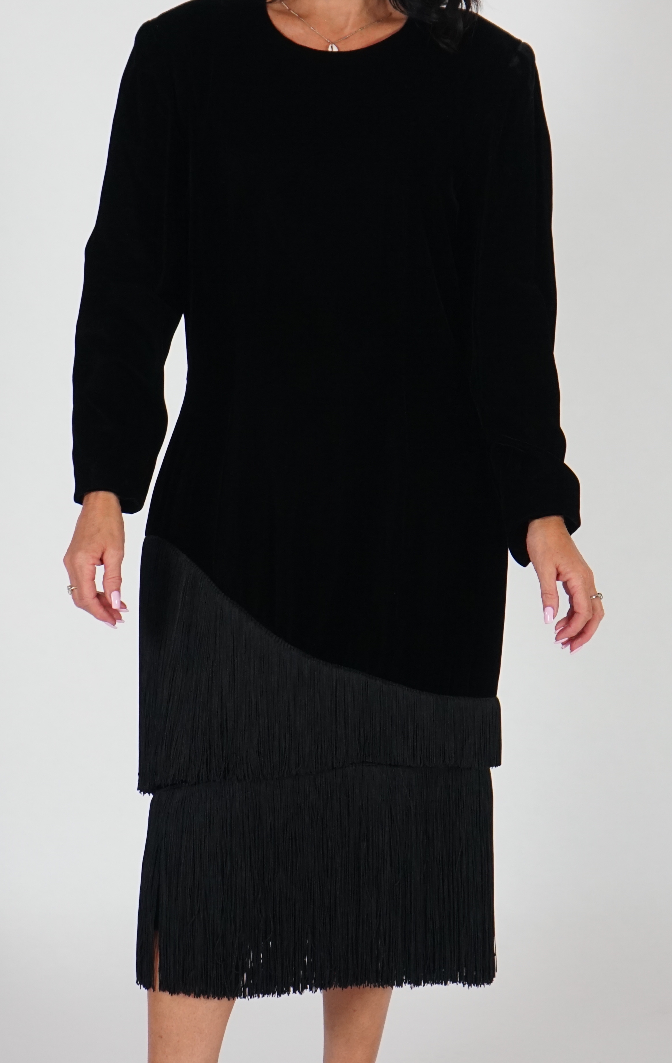 A vintage Lanvin black velvet dress with fringe, approx Medium size 12